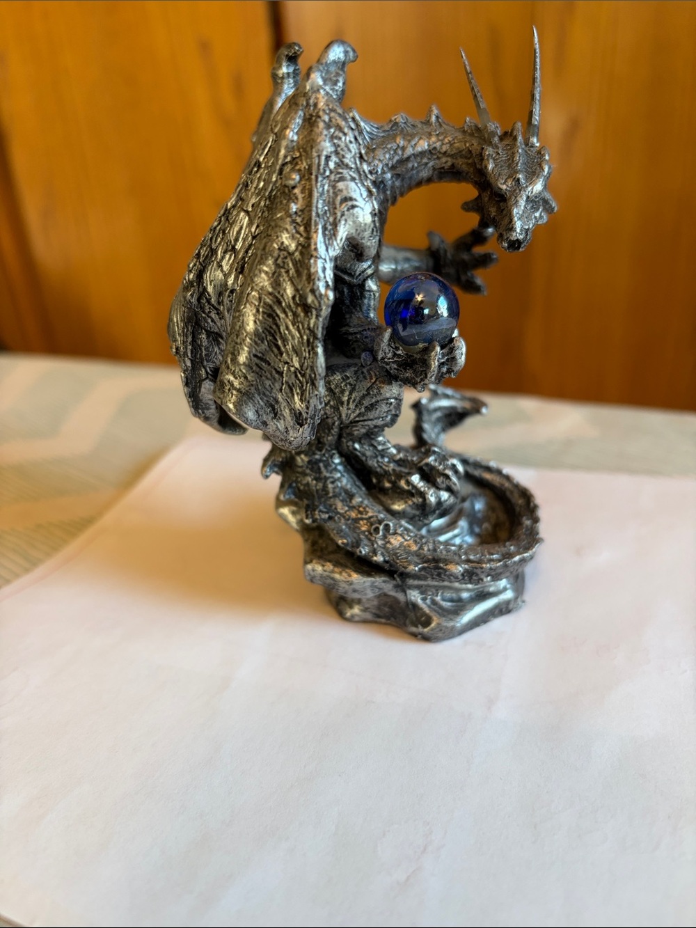 Metallic Silver Dragon Figurine with Blue Orb - Home Art